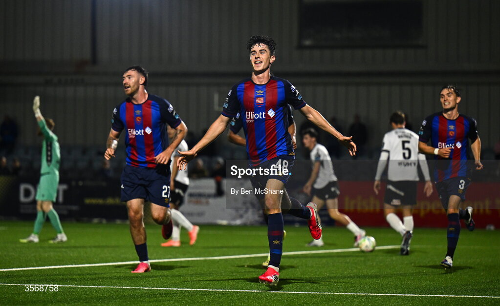 14 September 2026; Ryan Sheridan of St Patrick's Athletic celebrates after scoring his side's third goal during the SSE Airtricity Men’s Premier Division match between Dundalk and St Patrick's Athletic at Oriel Park in Dundalk, Louth. Photo by Ben McShane/Sportsfile