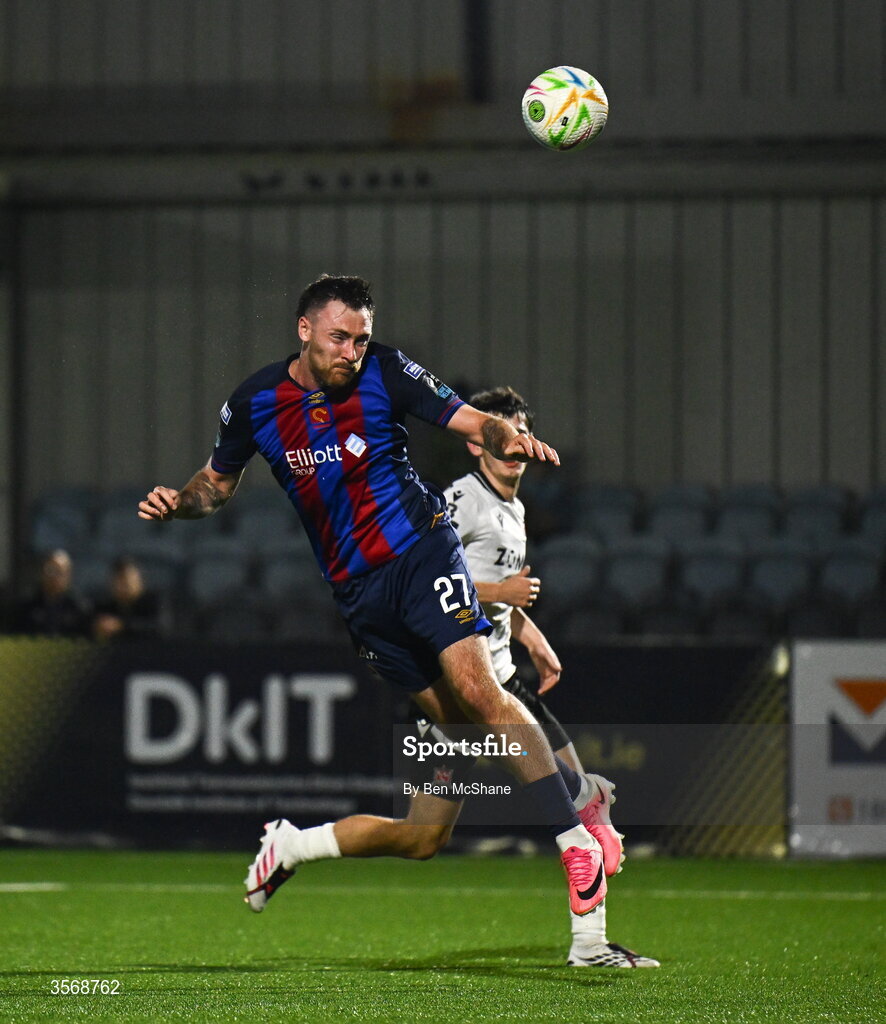 14 September 2026; Ryan Edmondson of St Patrick's Athletic scores his side's fourth goal during the SSE Airtricity Men’s Premier Division match between Dundalk and St Patrick's Athletic at Oriel Park in Dundalk, Louth. Photo by Ben McShane/Sportsfile