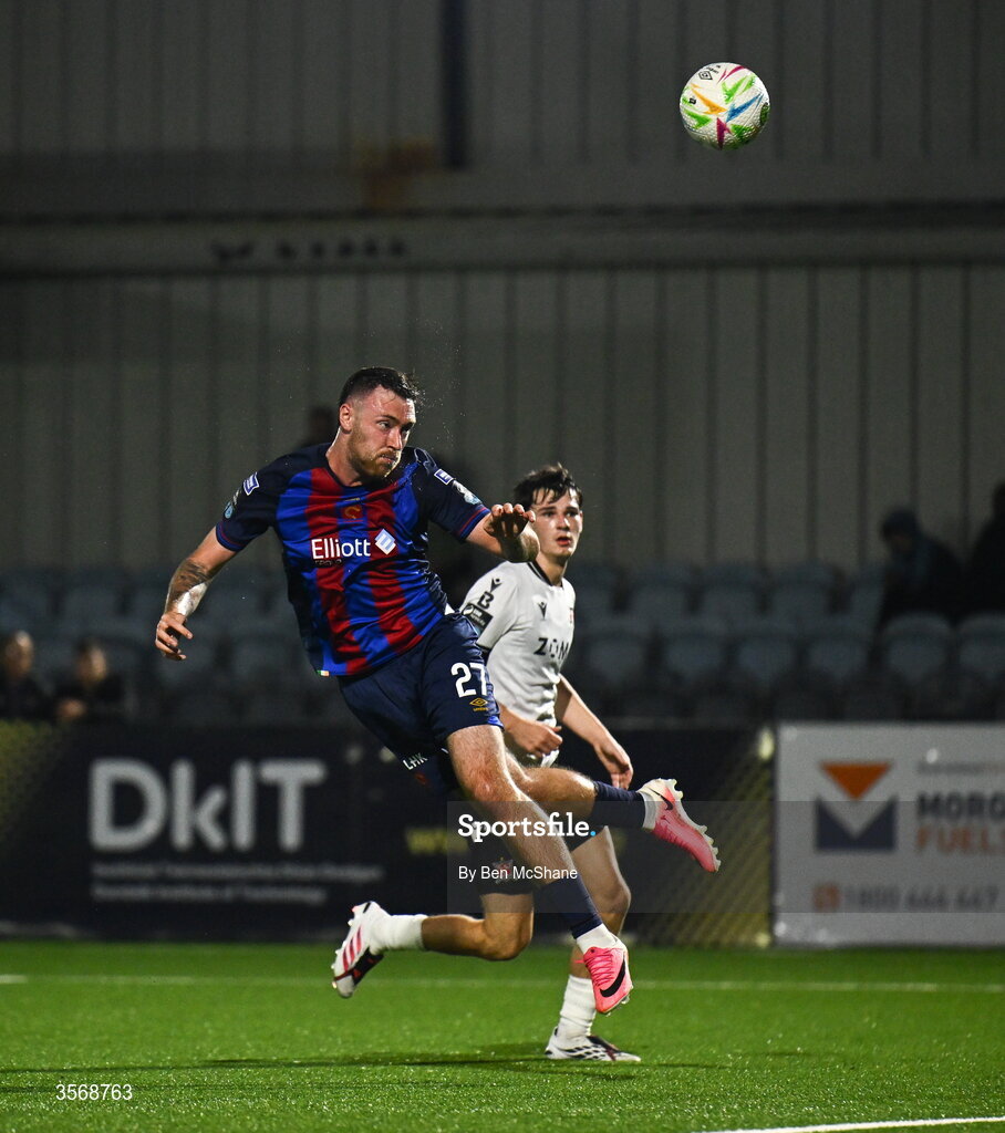 14 September 2026; Ryan Edmondson of St Patrick's Athletic scores his side's fourth goal during the SSE Airtricity Men’s Premier Division match between Dundalk and St Patrick's Athletic at Oriel Park in Dundalk, Louth. Photo by Ben McShane/Sportsfile