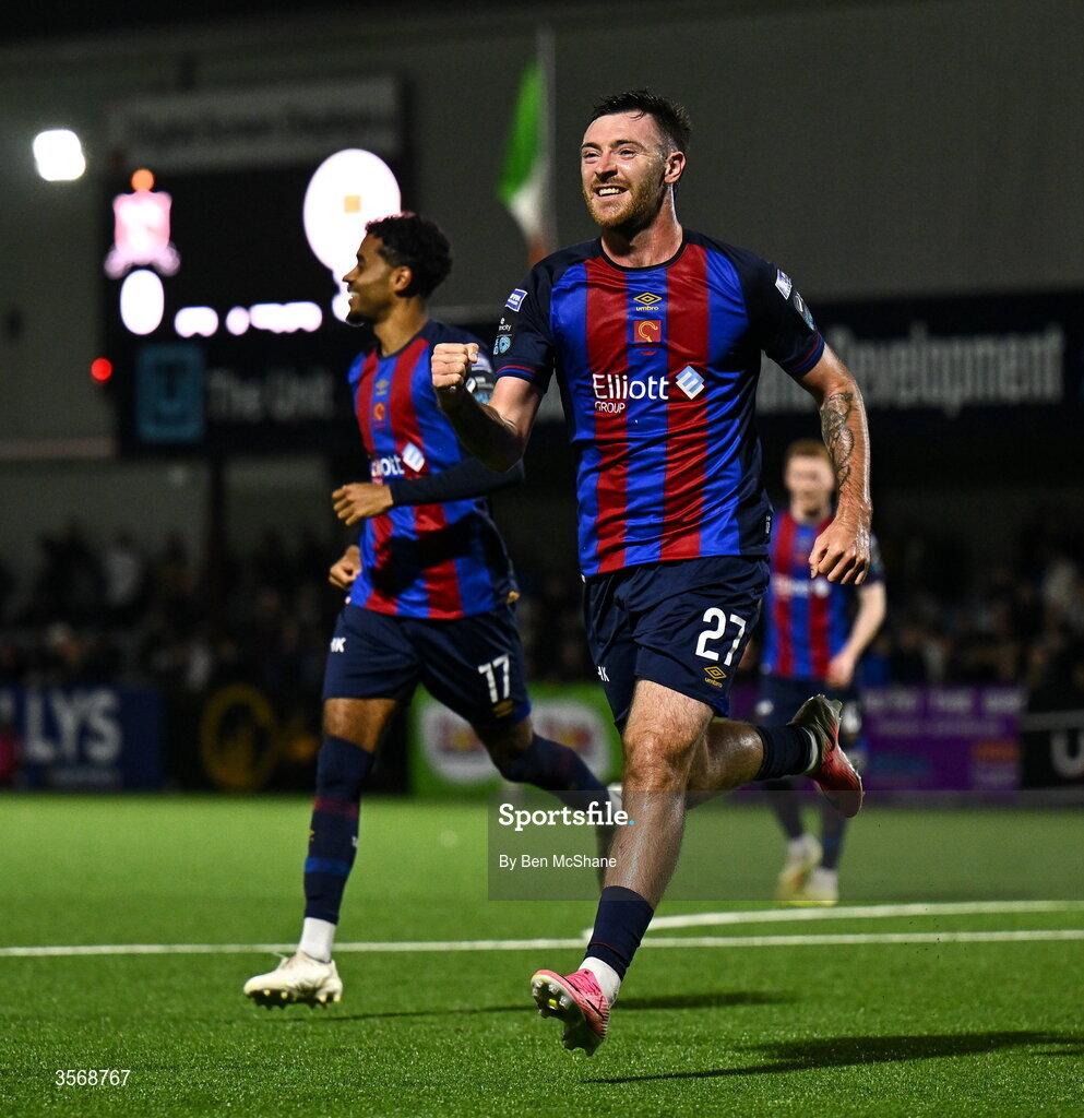 14 September 2026; Ryan Edmondson of St Patrick's Athletic celebrates after scoring his side's fourth goal during the SSE Airtricity Men’s Premier Division match between Dundalk and St Patrick's Athletic at Oriel Park in Dundalk, Louth. Photo by Ben McShane/Sportsfile
