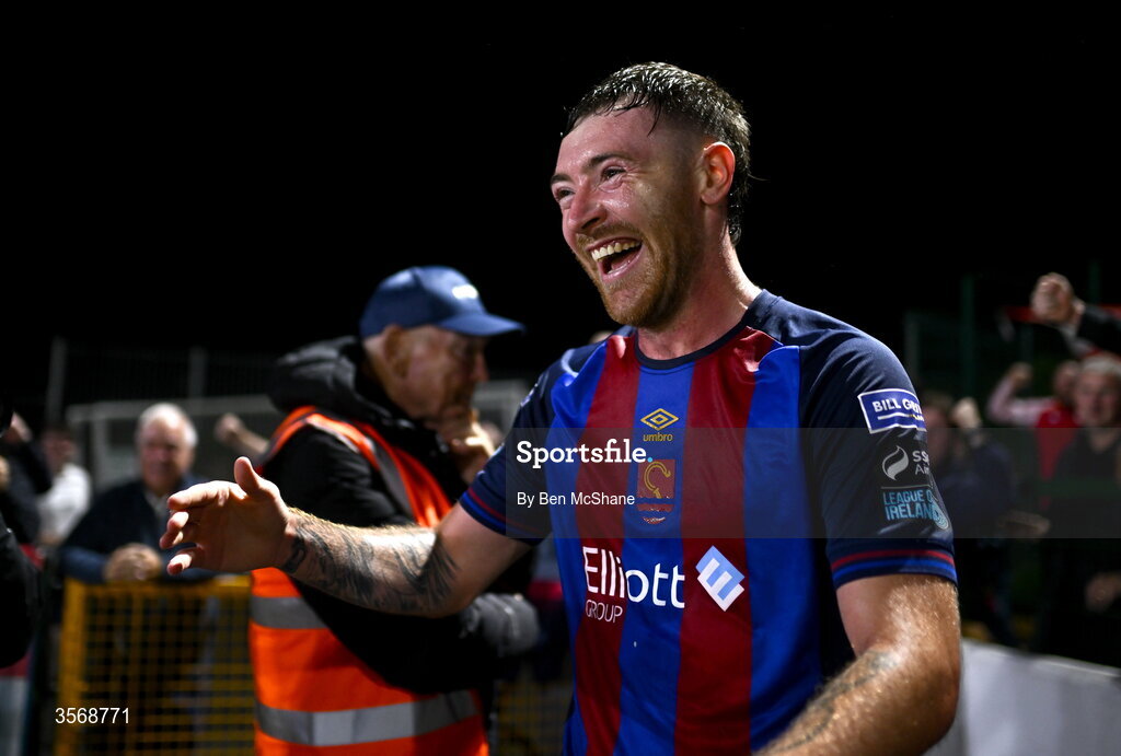 14 September 2026; Ryan Edmondson of St Patrick's Athletic celebrates after scoring his side's fourth goal during the SSE Airtricity Men’s Premier Division match between Dundalk and St Patrick's Athletic at Oriel Park in Dundalk, Louth. Photo by Ben McShane/Sportsfile