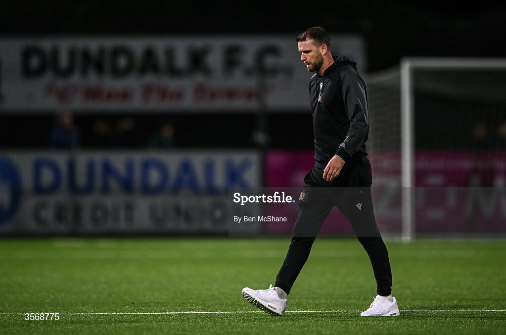 14 September 2026; Dundalk manager Ciaran Kilduff reacts after his side's defeat in the SSE Airtricity Men’s Premier Division match between Dundalk and St Patrick's Athletic at Oriel Park in Dundalk, Louth. Photo by Ben McShane/Sportsfile