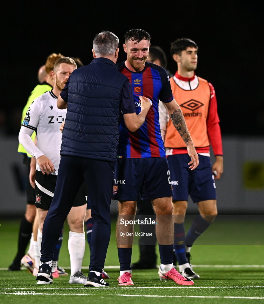 14 September 2026; St Patrick's Athletic manager Stephen Kenny with Ryan Edmondson of St Patrick's Athletic after the SSE Airtricity Men’s Premier Division match between Dundalk and St Patrick's Athletic at Oriel Park in Dundalk, Louth. Photo by Ben McShane/Sportsfile