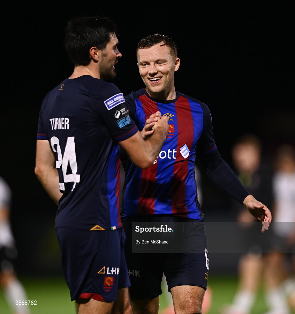 14 September 2026; Jamie Lennon, right, and Luke Turner of St Patrick's Athletic celebrate after the SSE Airtricity Men’s Premier Division match between Dundalk and St Patrick's Athletic at Oriel Park in Dundalk, Louth. Photo by Ben McShane/Sportsfile