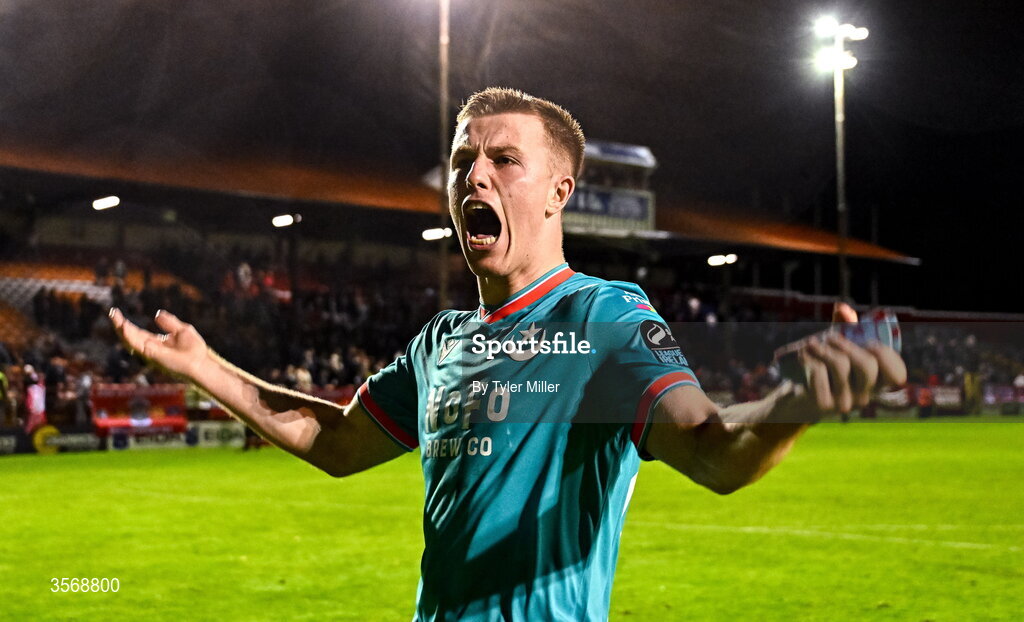 14 September 2026; Warren Davis of Drogheda United celebrates after the SSE Airtricity Men’s Premier Division match between Shelbourne and Drogheda United at Tolka Park in Dublin. Photo by Tyler Miller/Sportsfile