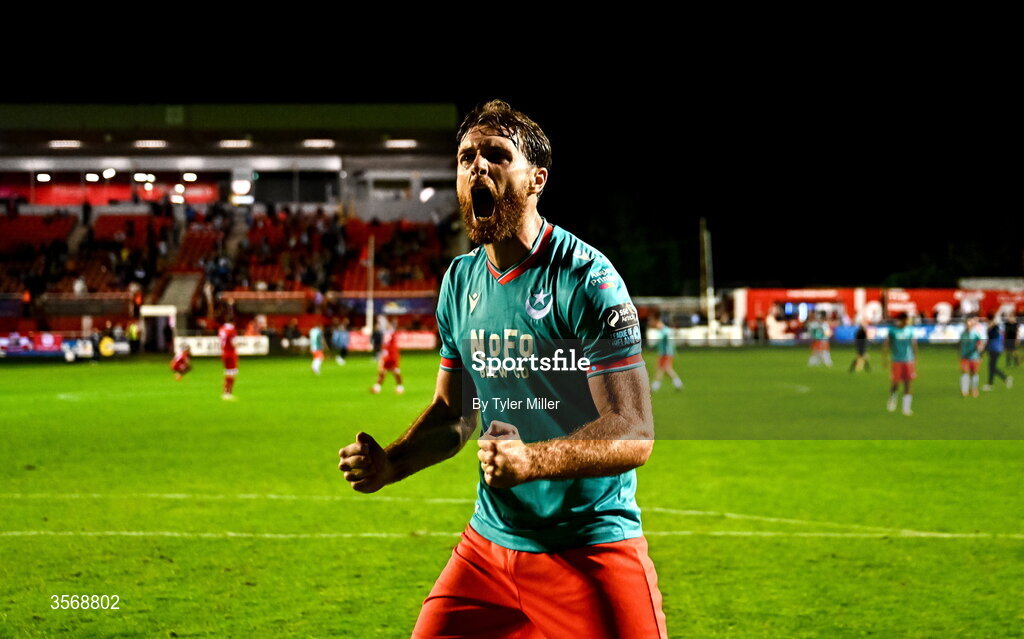 14 September 2026; Conor Keeley of Drogheda United celebrates after the SSE Airtricity Men’s Premier Division match between Shelbourne and Drogheda United at Tolka Park in Dublin. Photo by Tyler Miller/Sportsfile