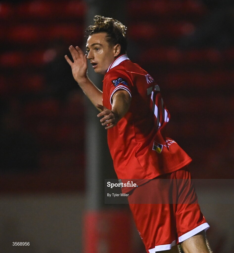 14 September 2026; Daniel Kelly of Shelbourne reacts to a missed opportunity on goal during the SSE Airtricity Men’s Premier Division match between Shelbourne and Drogheda United at Tolka Park in Dublin. Photo by Tyler Miller/Sportsfile