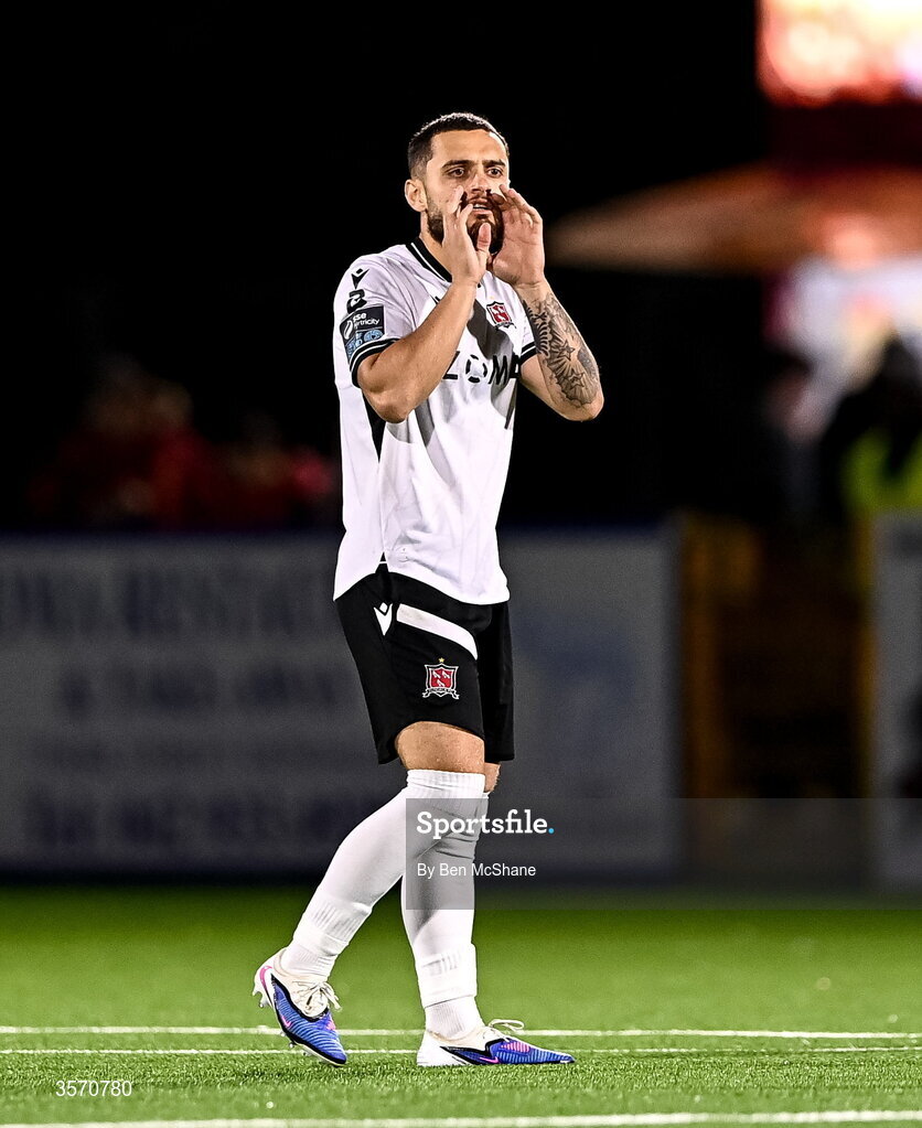 14 September 2026; Leo Gaxha of Dundalk during the SSE Airtricity Men’s Premier Division match between Dundalk and St Patrick's Athletic at Oriel Park in Dundalk, Louth. Photo by Ben McShane/Sportsfile