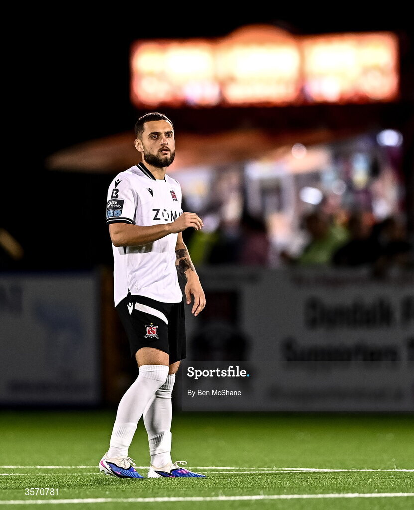 14 September 2026; Leo Gaxha of Dundalk during the SSE Airtricity Men’s Premier Division match between Dundalk and St Patrick's Athletic at Oriel Park in Dundalk, Louth. Photo by Ben McShane/Sportsfile