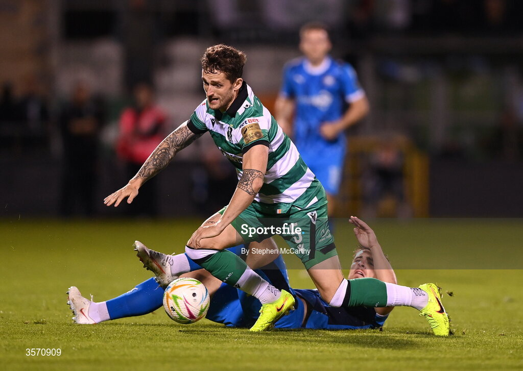 18 September 2026; Lee Grace of Shamrock Rovers in action against Tommy Lonergan of Waterford during the SSE Airtricity Men’s Premier Division match between Shamrock Rovers and Waterford at Tallaght Stadium in Dublin. Photo by Stephen McCarthy/Sportsfile