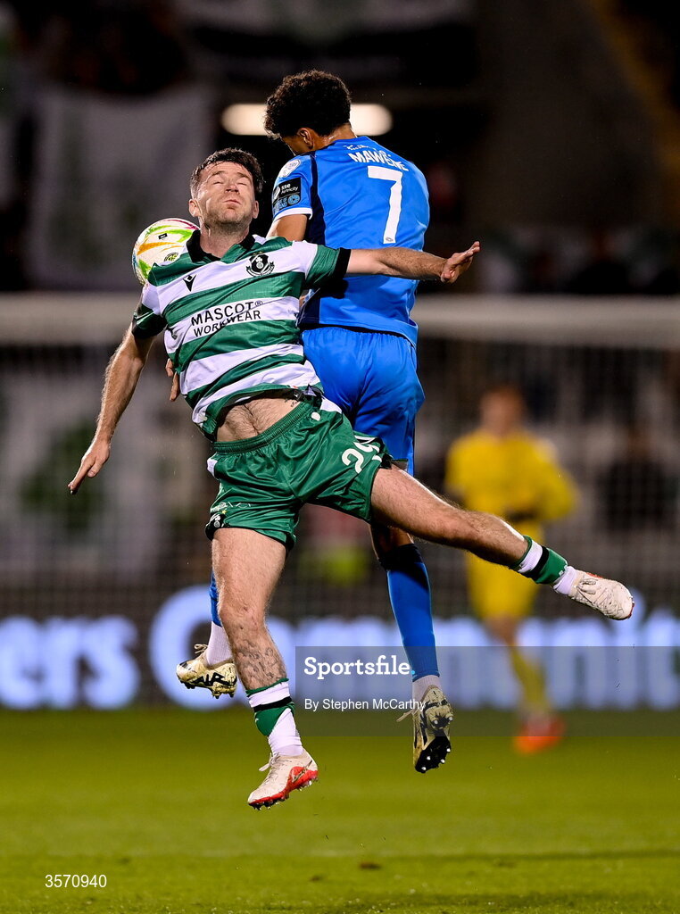 18 September 2026; Jack Byrne of Shamrock Rovers in action against Noah Mawene of Waterford during the SSE Airtricity Men’s Premier Division match between Shamrock Rovers and Waterford at Tallaght Stadium in Dublin. Photo by Stephen McCarthy/Sportsfile