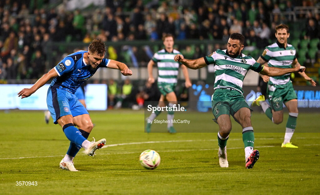 18 September 2026; Tommy Lonergan of Waterford has a shot on goal during the SSE Airtricity Men’s Premier Division match between Shamrock Rovers and Waterford at Tallaght Stadium in Dublin. Photo by Stephen McCarthy/Sportsfile