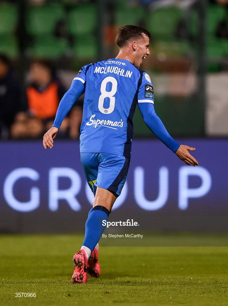 18 September 2026; Evan McLaughlin of Waterford celebrates after scoring his side's first goal during the SSE Airtricity Men’s Premier Division match between Shamrock Rovers and Waterford at Tallaght Stadium in Dublin. Photo by Stephen McCarthy/Sportsfile