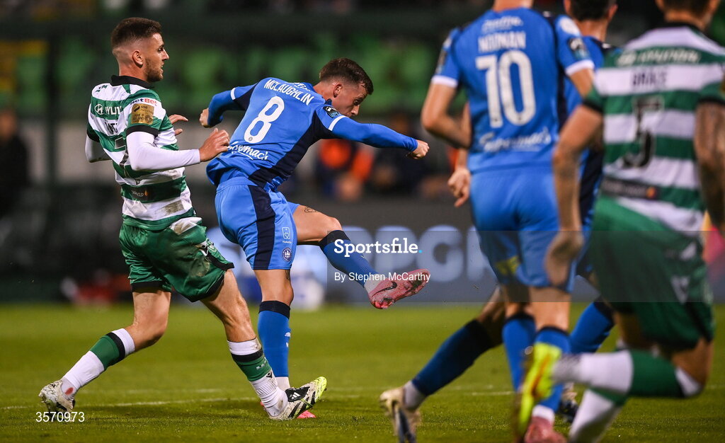 18 September 2026; Evan McLaughlin of Waterford scores his side's first goal during the SSE Airtricity Men’s Premier Division match between Shamrock Rovers and Waterford at Tallaght Stadium in Dublin. Photo by Stephen McCarthy/Sportsfile