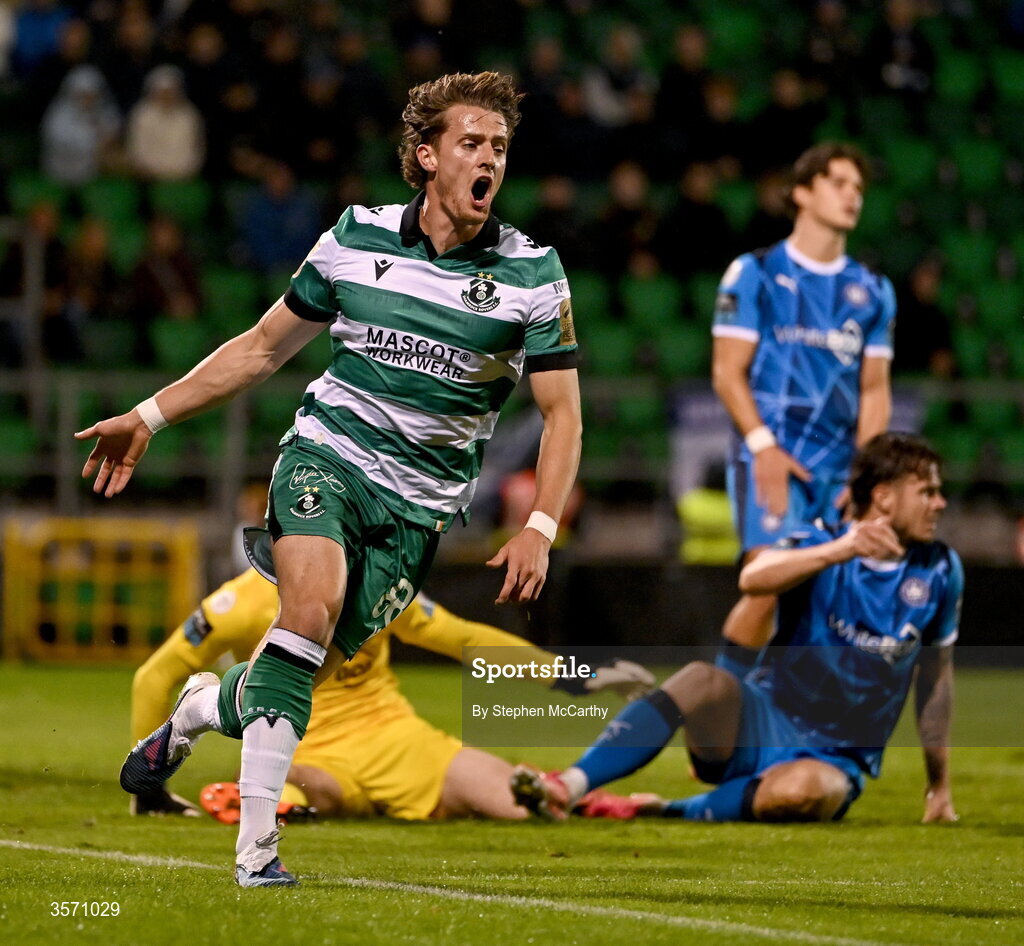 18 September 2026; John McGovern of Shamrock Rovers celebrates after scoring his side's second goal during the SSE Airtricity Men’s Premier Division match between Shamrock Rovers and Waterford at Tallaght Stadium in Dublin. Photo by Stephen McCarthy/Sportsfile