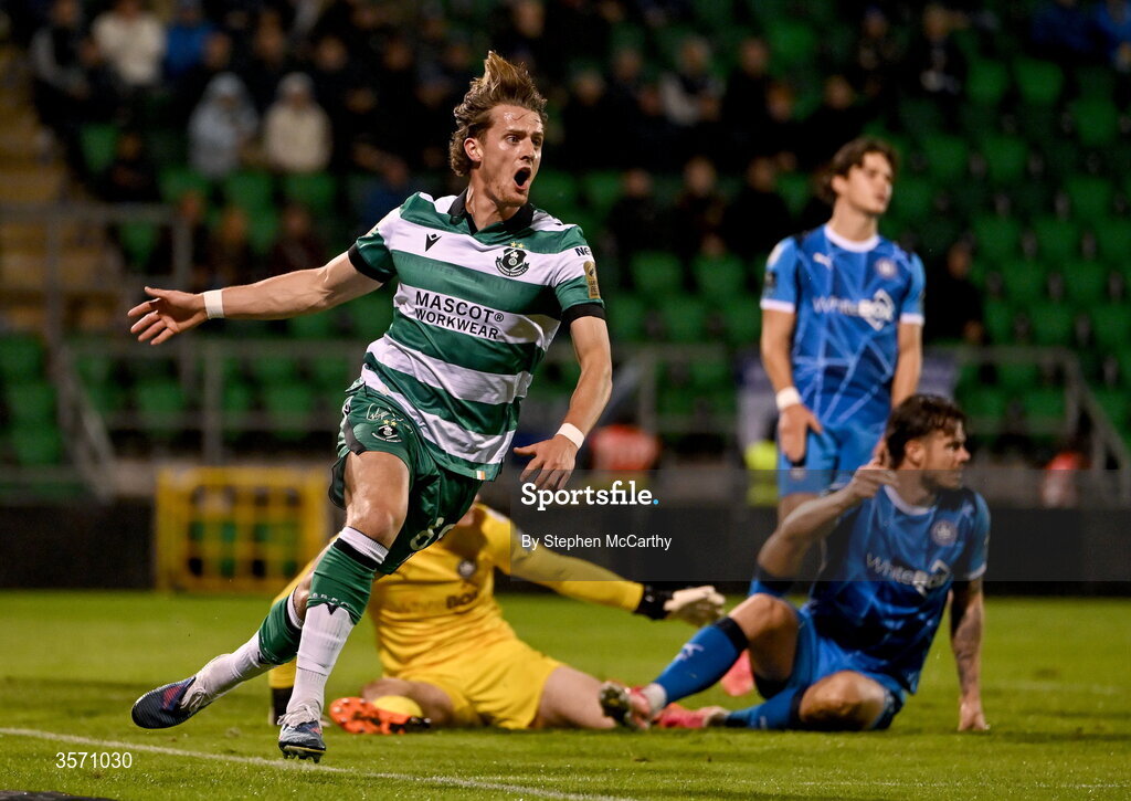 18 September 2026; John McGovern of Shamrock Rovers celebrates after scoring his side's second goal during the SSE Airtricity Men’s Premier Division match between Shamrock Rovers and Waterford at Tallaght Stadium in Dublin. Photo by Stephen McCarthy/Sportsfile