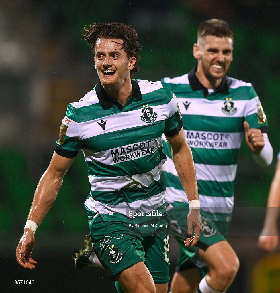 18 September 2026; John McGovern of Shamrock Rovers celebrates after scoring his side's third goal during the SSE Airtricity Men’s Premier Division match between Shamrock Rovers and Waterford at Tallaght Stadium in Dublin. Photo by Stephen McCarthy/Sportsfile