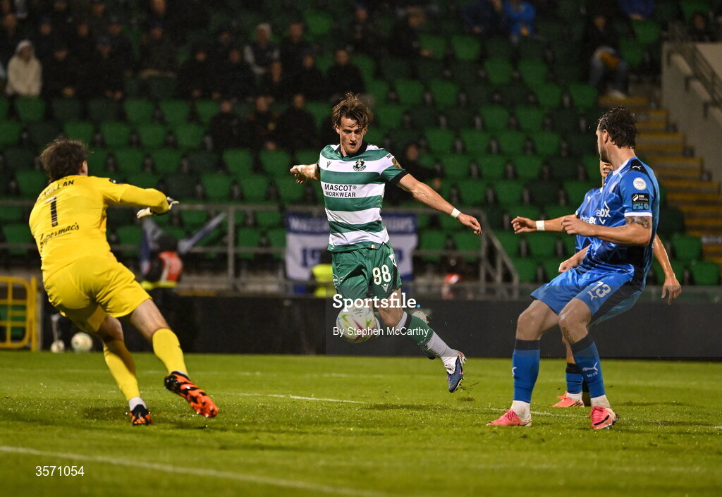 18 September 2026; John McGovern of Shamrock Rovers scores his side's third goal during the SSE Airtricity Men’s Premier Division match between Shamrock Rovers and Waterford at Tallaght Stadium in Dublin. Photo by Stephen McCarthy/Sportsfile