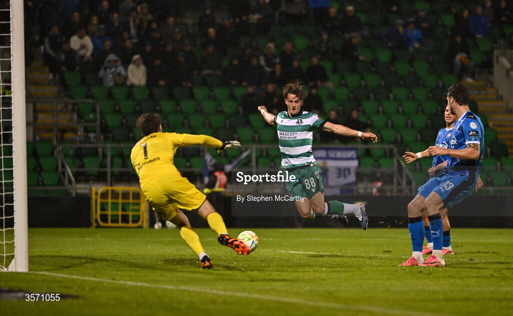 18 September 2026; John McGovern of Shamrock Rovers scores his side's third goal during the SSE Airtricity Men’s Premier Division match between Shamrock Rovers and Waterford at Tallaght Stadium in Dublin. Photo by Stephen McCarthy/Sportsfile
