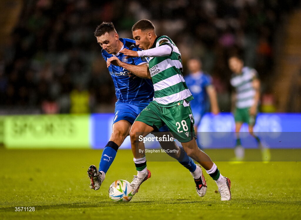 18 September 2026; Naj Razi of Shamrock Rovers in action against Hayden Cann of Waterford during the SSE Airtricity Men’s Premier Division match between Shamrock Rovers and Waterford at Tallaght Stadium in Dublin. Photo by Stephen McCarthy/Sportsfile