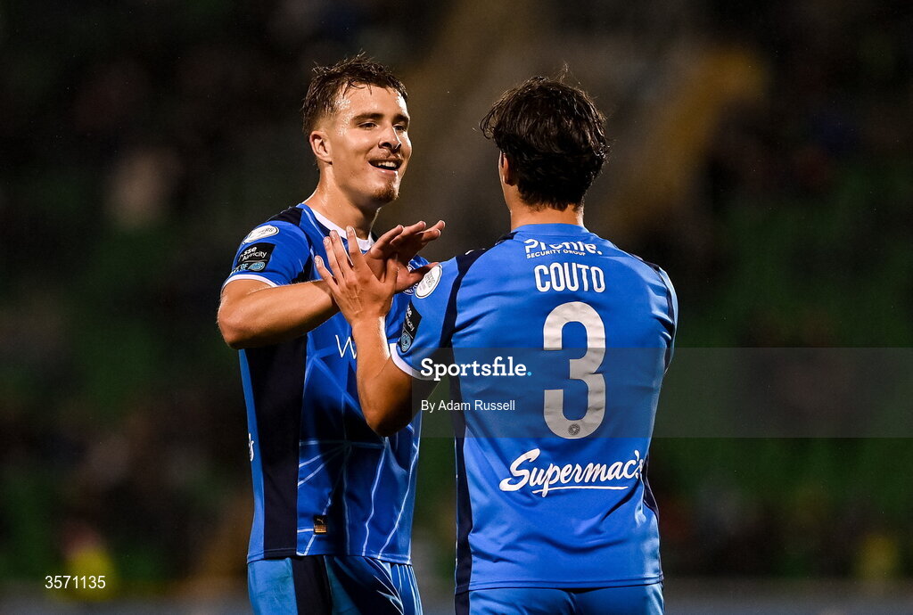 18 September 2026; Benny Couto is congratulated by Waterford team-mate Tommy Lonergan, left, after scoring their side's second goal during the SSE Airtricity Men’s Premier Division match between Shamrock Rovers and Waterford at Tallaght Stadium in Dublin. Photo by Adam Russell/Sportsfile