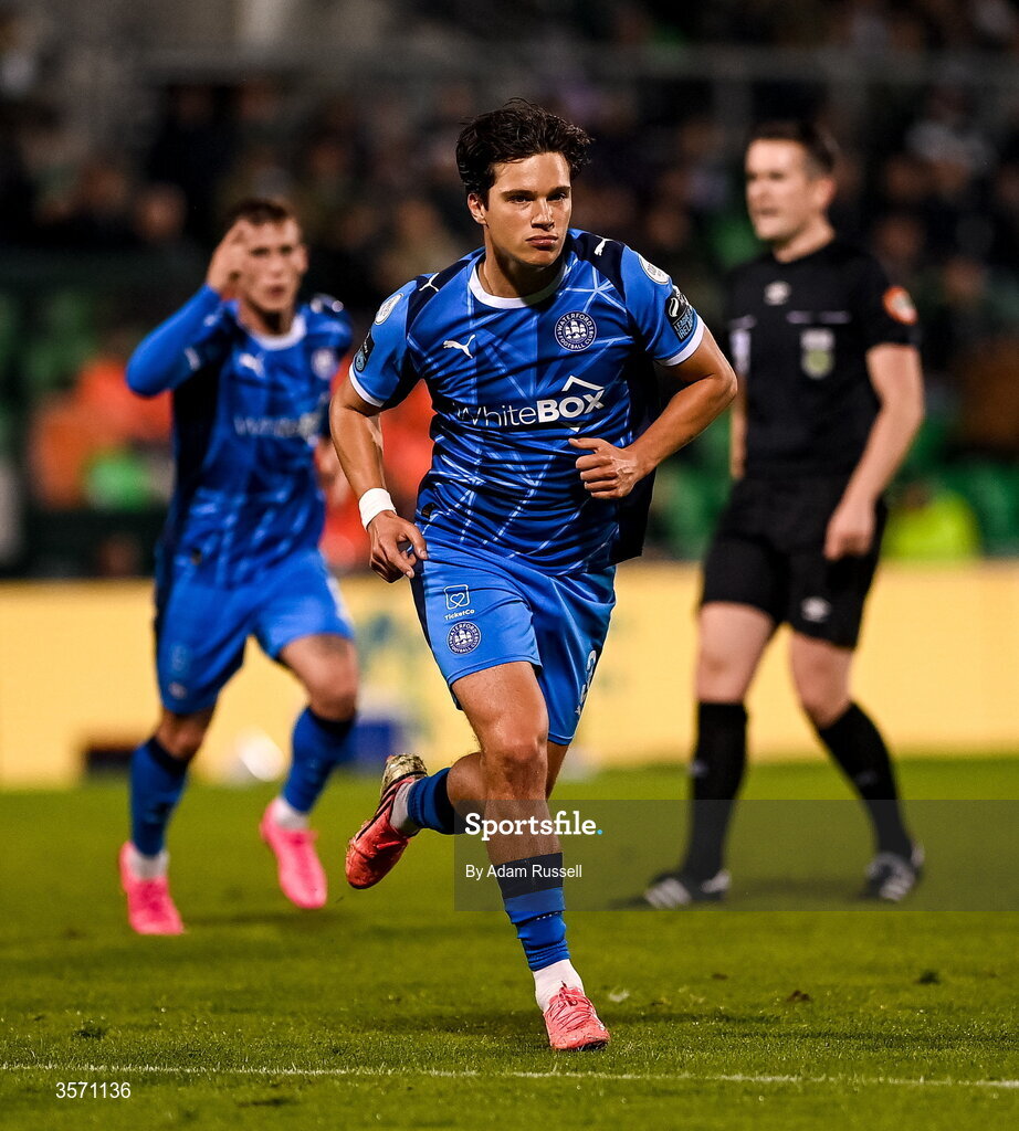 18 September 2026; Benny Couto of Waterford after scoring his side's second goal during the SSE Airtricity Men’s Premier Division match between Shamrock Rovers and Waterford at Tallaght Stadium in Dublin. Photo by Adam Russell/Sportsfile