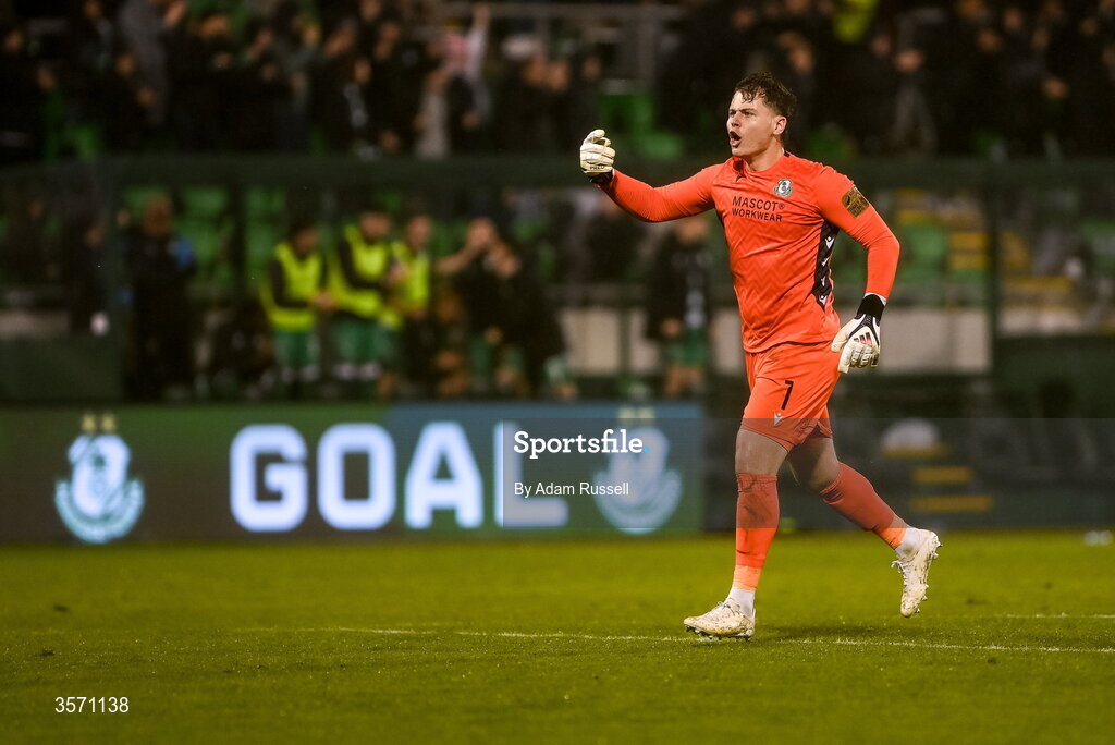 18 September 2026; Shamrock Rovers goalkeeper Ed McGinty celebrates his side's third goal during the SSE Airtricity Men’s Premier Division match between Shamrock Rovers and Waterford at Tallaght Stadium in Dublin. Photo by Adam Russell/Sportsfile