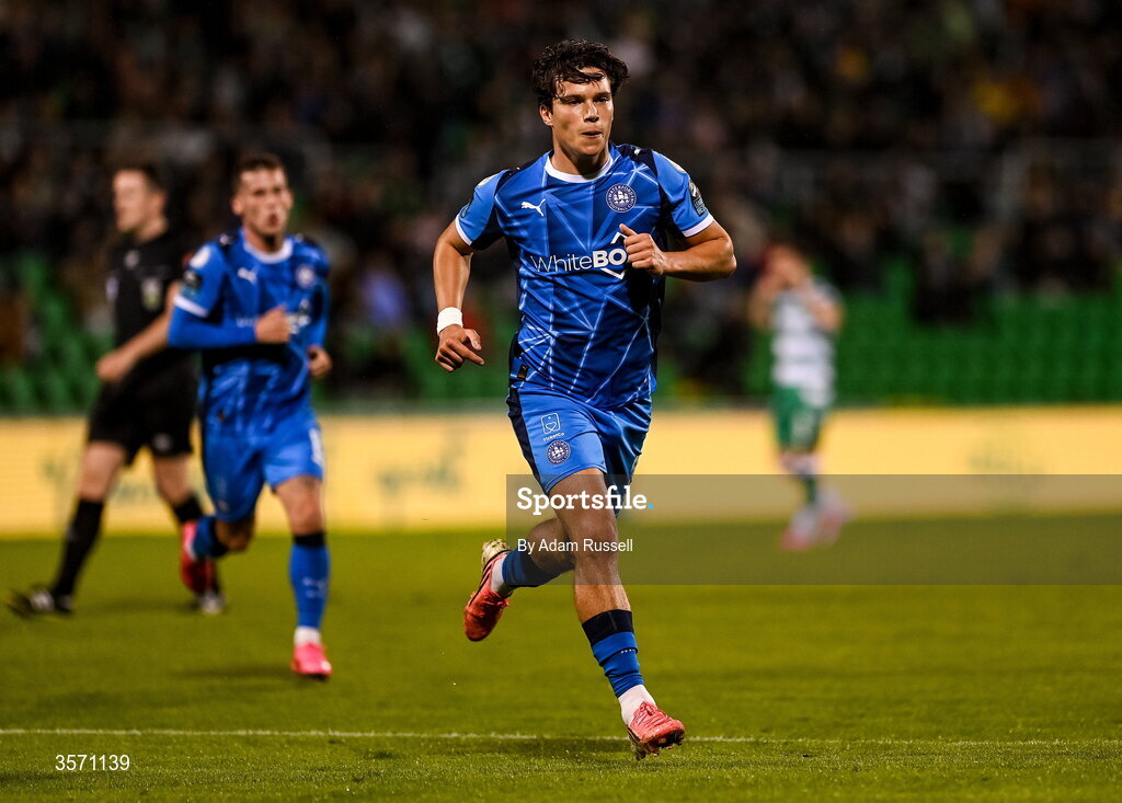 18 September 2026; Benny Couto of Waterford after scoring his side's second goal during the SSE Airtricity Men’s Premier Division match between Shamrock Rovers and Waterford at Tallaght Stadium in Dublin. Photo by Adam Russell/Sportsfile