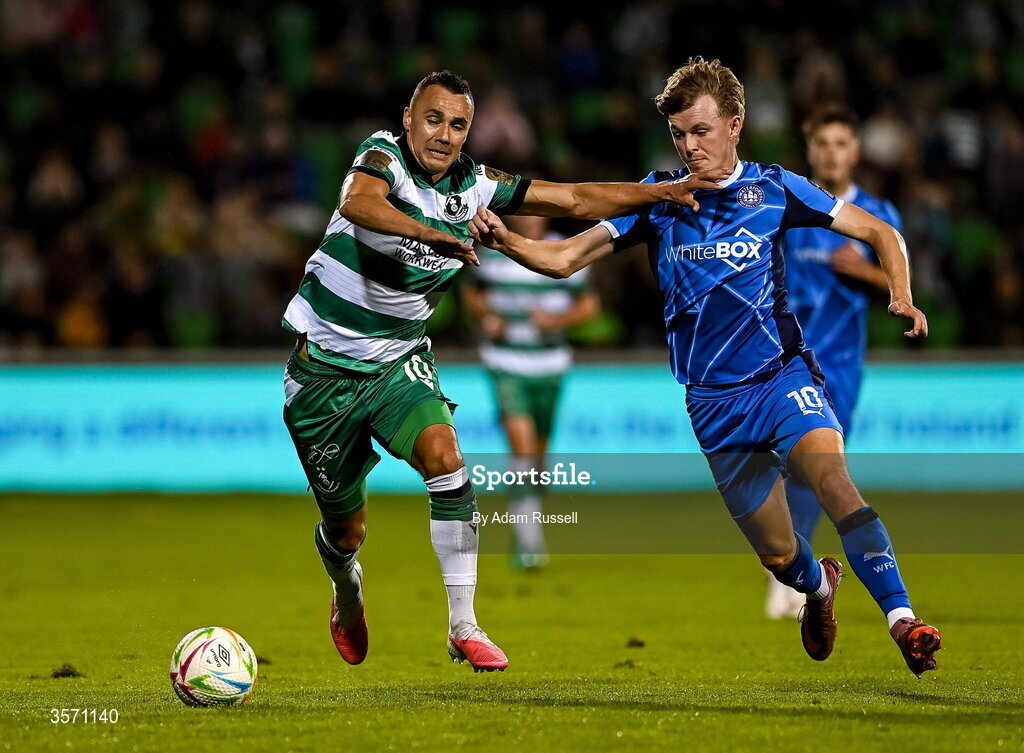 18 September 2026; Graham Burke of Shamrock Rovers in action against Conan Noonan of Waterford during the SSE Airtricity Men’s Premier Division match between Shamrock Rovers and Waterford at Tallaght Stadium in Dublin. Photo by Adam Russell/Sportsfile