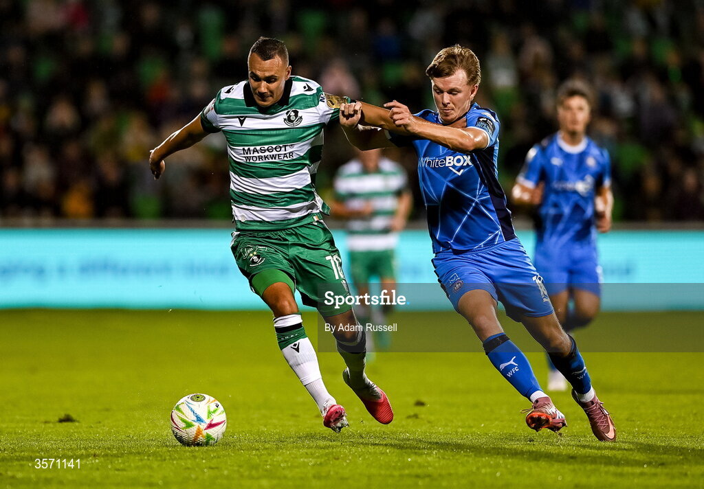 18 September 2026; Graham Burke of Shamrock Rovers in action against Conan Noonan of Waterford during the SSE Airtricity Men’s Premier Division match between Shamrock Rovers and Waterford at Tallaght Stadium in Dublin. Photo by Adam Russell/Sportsfile