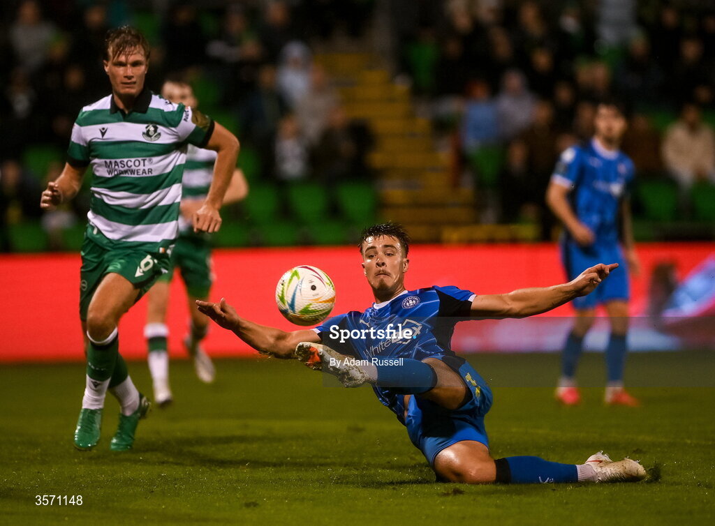 18 September 2026; Tommy Lonergan of Waterford in action against Daniel Cleary of Shamrock Rovers during the SSE Airtricity Men’s Premier Division match between Shamrock Rovers and Waterford at Tallaght Stadium in Dublin. Photo by Adam Russell/Sportsfile