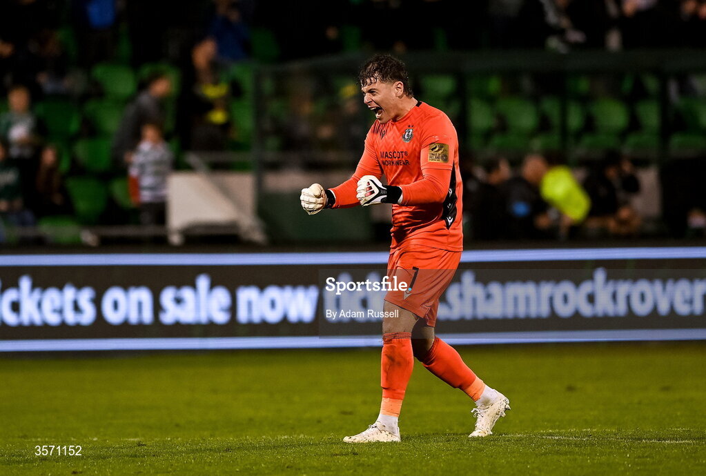 18 September 2026; Shamrock Rovers goalkeeper Ed McGinty celebrates following the SSE Airtricity Men’s Premier Division match between Shamrock Rovers and Waterford at Tallaght Stadium in Dublin. Photo by Adam Russell/Sportsfile