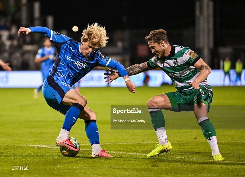 18 September 2026; Jorgen Voilas of Waterford in action against Lee Grace of Shamrock Rovers during the SSE Airtricity Men’s Premier Division match between Shamrock Rovers and Waterford at Tallaght Stadium in Dublin. Photo by Stephen McCarthy/Sportsfile