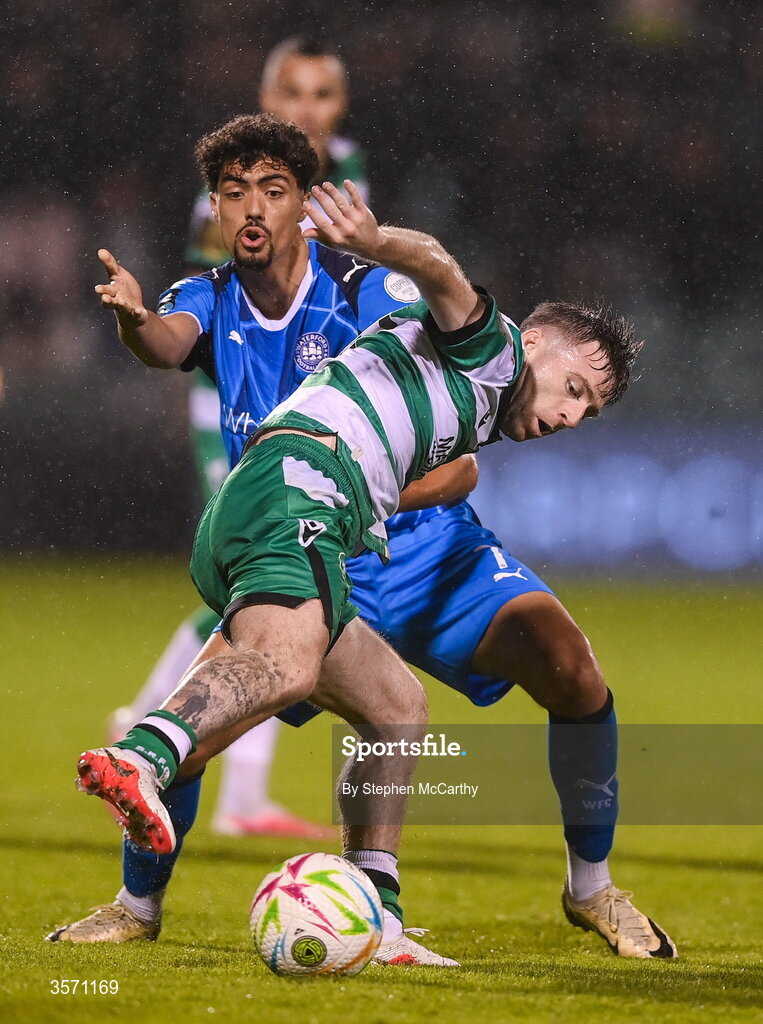 18 September 2026; Jack Byrne of Shamrock Rovers is tackled by Noah Mawene of Waterford during the SSE Airtricity Men’s Premier Division match between Shamrock Rovers and Waterford at Tallaght Stadium in Dublin. Photo by Stephen McCarthy/Sportsfile