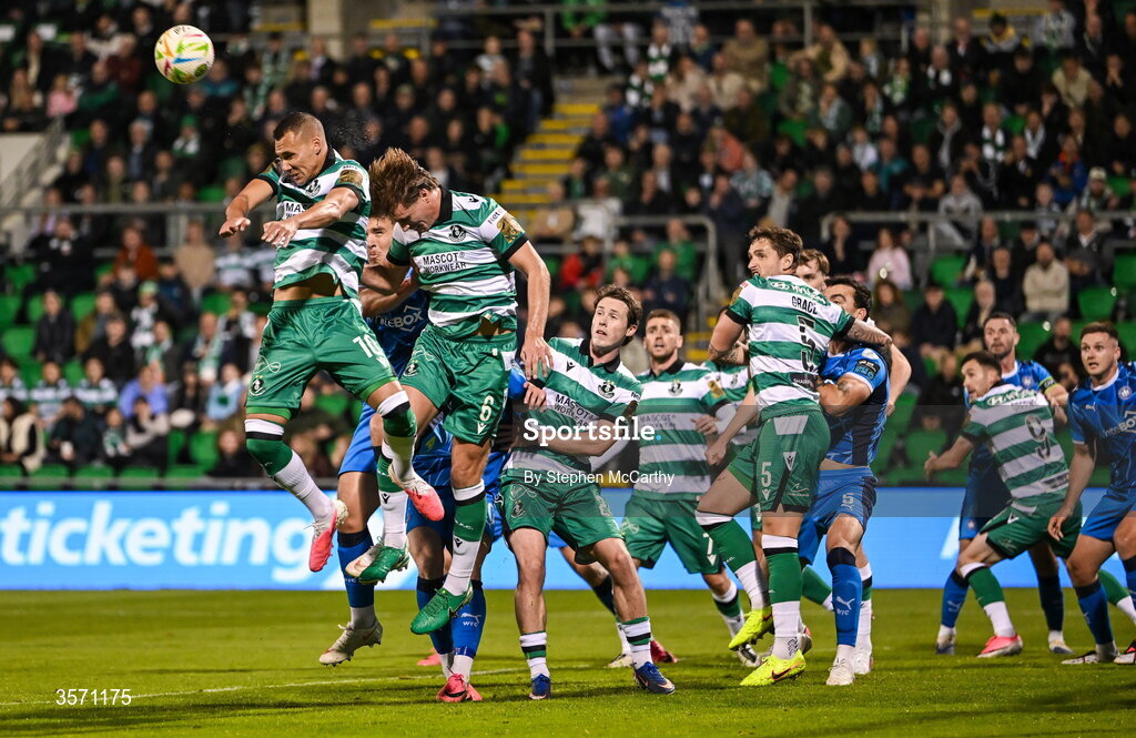 18 September 2026; Graham Burke of Shamrock Rovers clears a cross with a header during the SSE Airtricity Men’s Premier Division match between Shamrock Rovers and Waterford at Tallaght Stadium in Dublin. Photo by Stephen McCarthy/Sportsfile