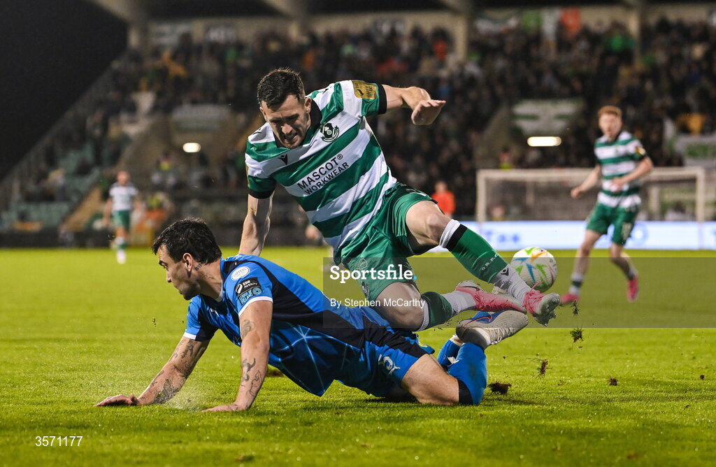 18 September 2026; Aaron Greene of Shamrock Rovers in action against John Mahon of Waterford during the SSE Airtricity Men’s Premier Division match between Shamrock Rovers and Waterford at Tallaght Stadium in Dublin. Photo by Stephen McCarthy/Sportsfile