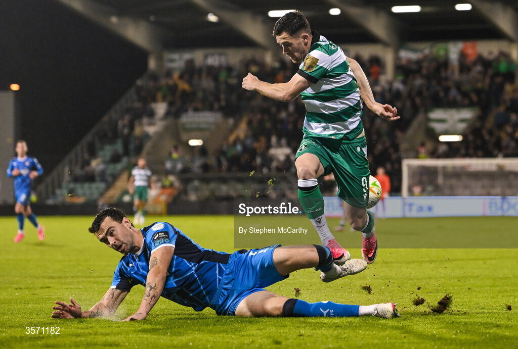 18 September 2026; Aaron Greene of Shamrock Rovers in action against John Mahon of Waterford during the SSE Airtricity Men’s Premier Division match between Shamrock Rovers and Waterford at Tallaght Stadium in Dublin. Photo by Stephen McCarthy/Sportsfile