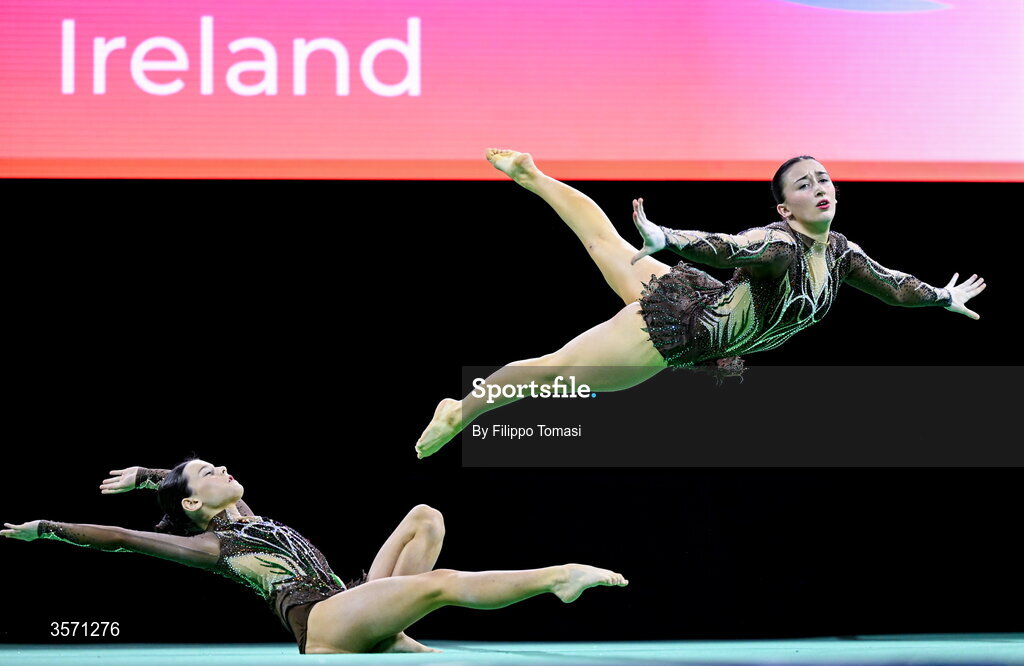 19 September 2026; Tara O'Neill, left, and Clara Duffy of Ireland of Ireland compete in the women’s pair during day three of the World Youth Competition at the 2026 Acrobatic Gymnastics World Championships at Vitrifrigo Arena in Pesaro, Italy. Photo by Filippo Tomasi/Sportsfile