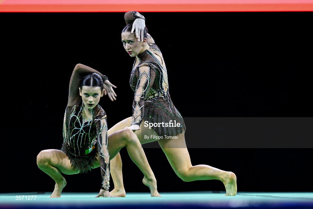 19 September 2026; Tara O'Neill, left, and Clara Duffy of Ireland of Ireland compete in the women’s pair during day three of the World Youth Competition at the 2026 Acrobatic Gymnastics World Championships at Vitrifrigo Arena in Pesaro, Italy. Photo by Filippo Tomasi/Sportsfile