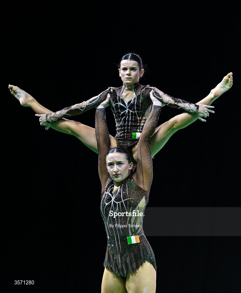 19 September 2026; Tara O'Neill, up, and Clara Duffy of Ireland of Ireland compete in the women’s pair during day three of the World Youth Competition at the 2026 Acrobatic Gymnastics World Championships at Vitrifrigo Arena in Pesaro, Italy. Photo by Filippo Tomasi/Sportsfile
