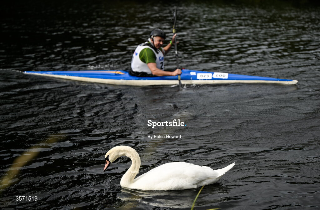 19 September 2026; Fergus Cooper of Contrast passes a swan on his way to the finish of the K1 Class C +49 event during the 65th International Liffey Descent at The K Club in Straffan, Kildare. Photo by Eakin Howard/Sportsfile