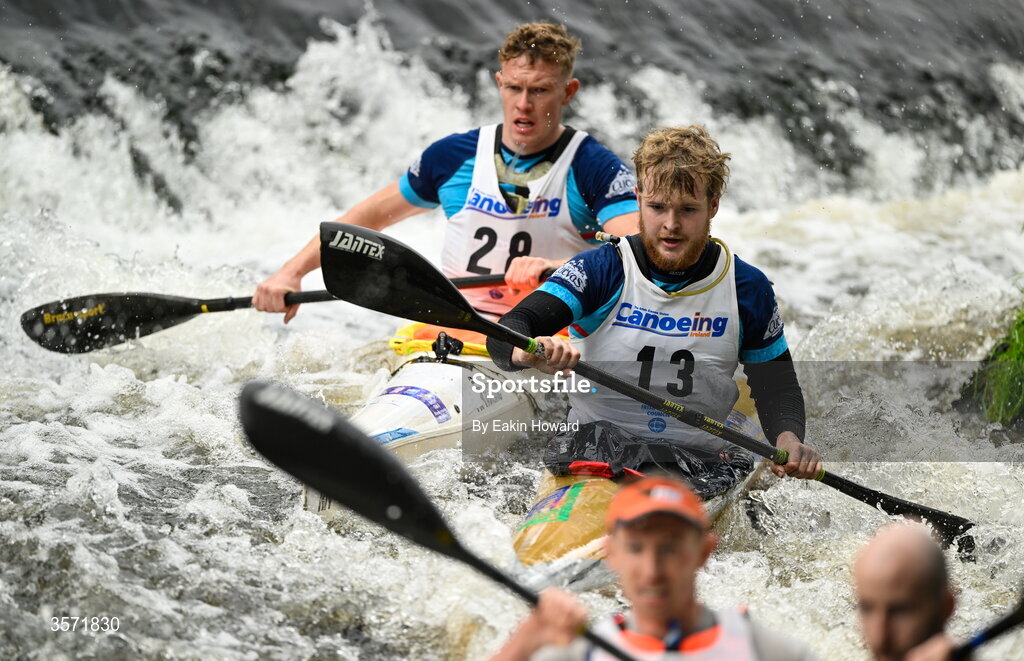 19 September 2026; Ben Higgins of Salmon Leap Canoe Club and Senan Forristal of Thomastown Paddlers Canoe Club compete in the K1 A event during the 65th International Liffey Descent at The K Club in Straffan, Kildare. Photo by Eakin Howard/Sportsfile