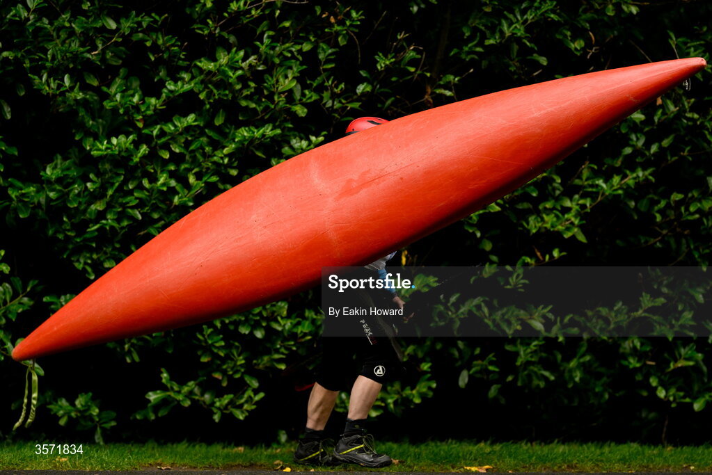 19 September 2026; Sarah McCarthy of Lucan Kayak Club, competing in the K1 Class C +49 event, walks to the river before the 65th International Liffey Descent at The K Club in Straffan, Kildare. Photo by Eakin Howard/Sportsfile