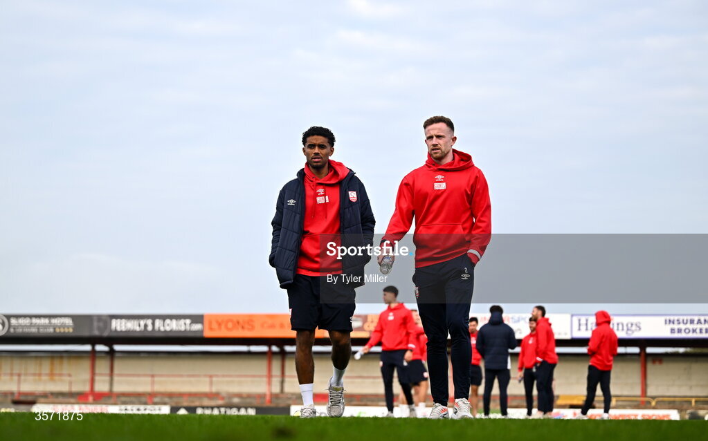 19 September 2026; Romal Palmer, left, and Sean Hoare of St Patrick's Athletic before the SSE Airtricity Men’s Premier Division match between Sligo Rovers and St Patrick's Athletic at The Showgrounds in Sligo. Photo by Tyler Miller/Sportsfile