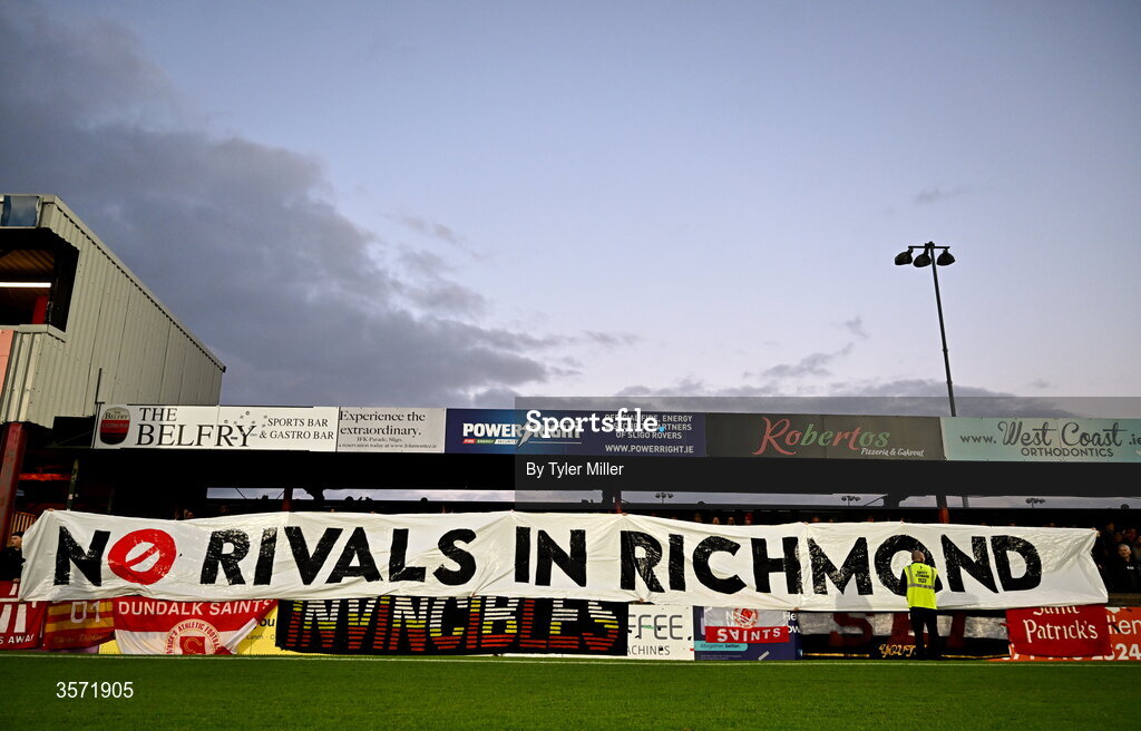 19 September 2026; St Patrick's Athletic supporters hold up a banner before the SSE Airtricity Men’s Premier Division match between Sligo Rovers and St Patrick's Athletic at The Showgrounds in Sligo. Photo by Tyler Miller/Sportsfile