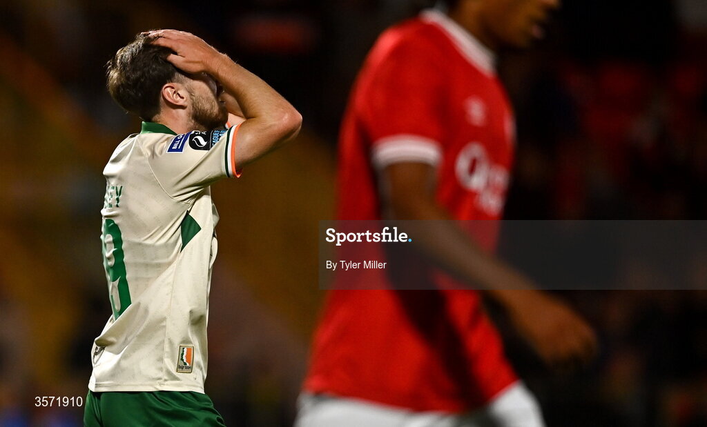 19 September 2026; Barry Baggley of St Patrick's Athletic reacts to a missed opportunity on goal during the SSE Airtricity Men’s Premier Division match between Sligo Rovers and St Patrick's Athletic at The Showgrounds in Sligo. Photo by Tyler Miller/Sportsfile