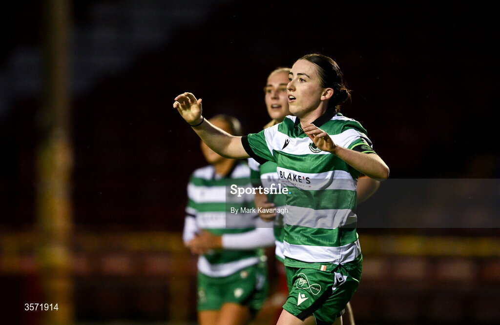 19 September 2026; Sadhbh Doyle of Shamrock Rovers celebrates after scoring her side's first goal during the SSE Airtricity Women's Premier Division match between Shelbourne and Shamrock Rovers at Tolka Park in Drumcondra, Dublin. Photo by Mark Kavanagh/Sportsfile