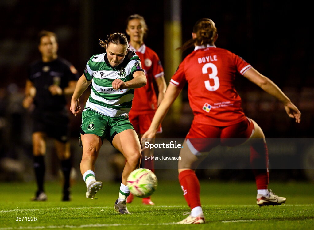 19 September 2026; Anna Butler of Shamrock Rovers attempts a shot on goal during the SSE Airtricity Women's Premier Division match between Shelbourne and Shamrock Rovers at Tolka Park in Drumcondra, Dublin. Photo by Mark Kavanagh/Sportsfile