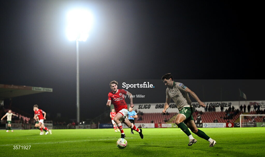 19 September 2026; Luke Turner of St Patrick's Athletic in action against James McManus of Sligo Rovers during the SSE Airtricity Men’s Premier Division match between Sligo Rovers and St Patrick's Athletic at The Showgrounds in Sligo. Photo by Tyler Miller/Sportsfile
