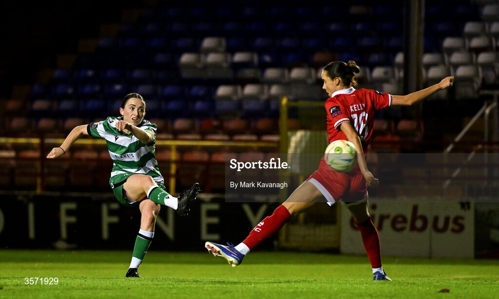 19 September 2026; Sadhbh Doyle of Shamrock Rovers shoots to score her soide's second goal despite pressure from Sarah McCaffrey of Shelbourne during the SSE Airtricity Women's Premier Division match between Shelbourne and Shamrock Rovers at Tolka Park in Drumcondra, Dublin. Photo by Mark Kavanagh/Sportsfile